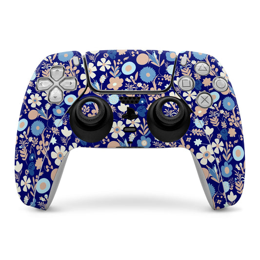 PlayStation 5 controller skin, blue floral pattern with button cutouts