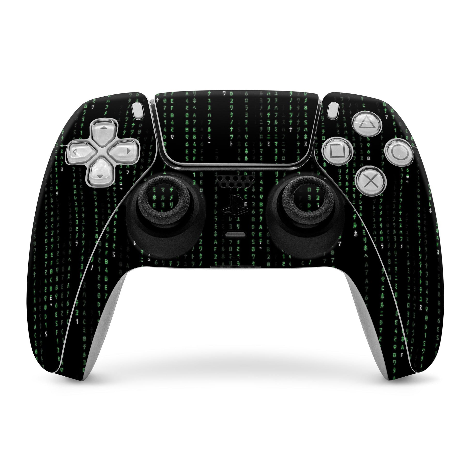 PS5 controller skin with black background and green Matrix-style code over buttons and joysticks