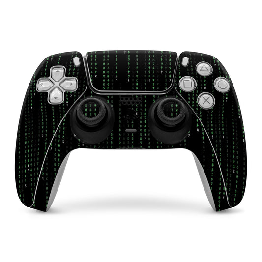 PS5 controller skin with black background and green Matrix-style code over buttons and joysticks