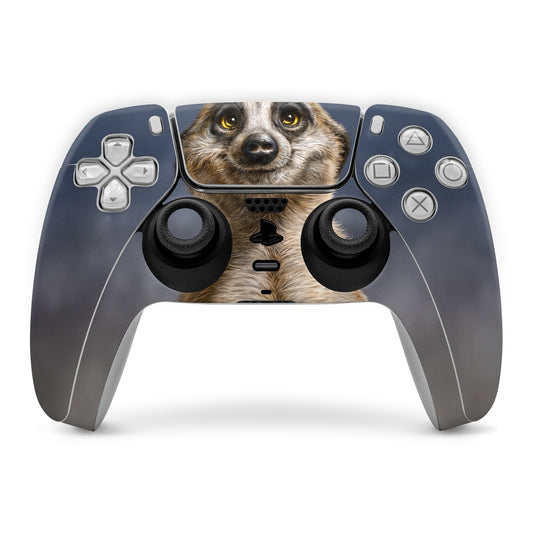 PlayStation 5 controller skin with dark blue meercat face design over front controls