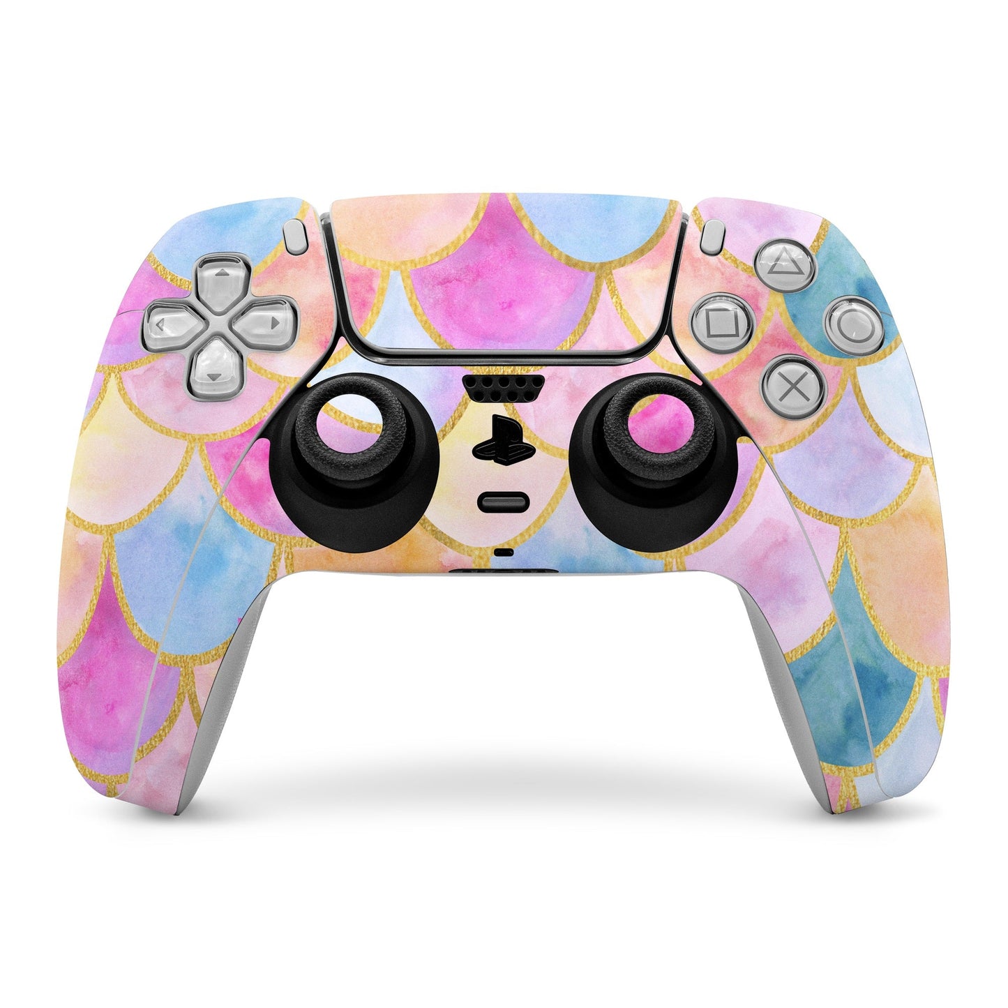PS5 controller skin with pastel mermaid scale design in pink, blue, and gold accents