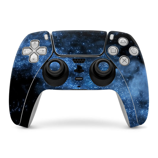 PS5 controller skin with dark blue starry galaxy design, face buttons and touchpad
