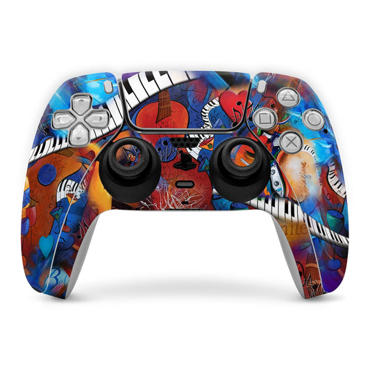 Sony PS5 controller skin with colorful music-themed art and button cutouts