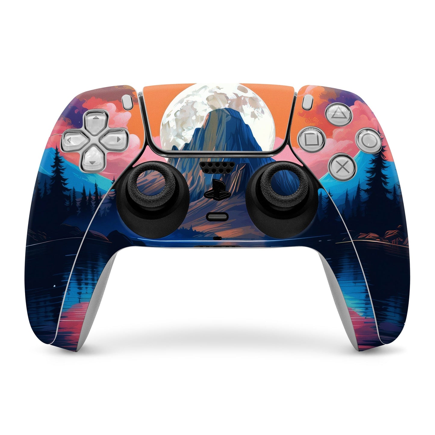 PS5 controller skin with mountain sunset and moon, pine forest, and colored button decals