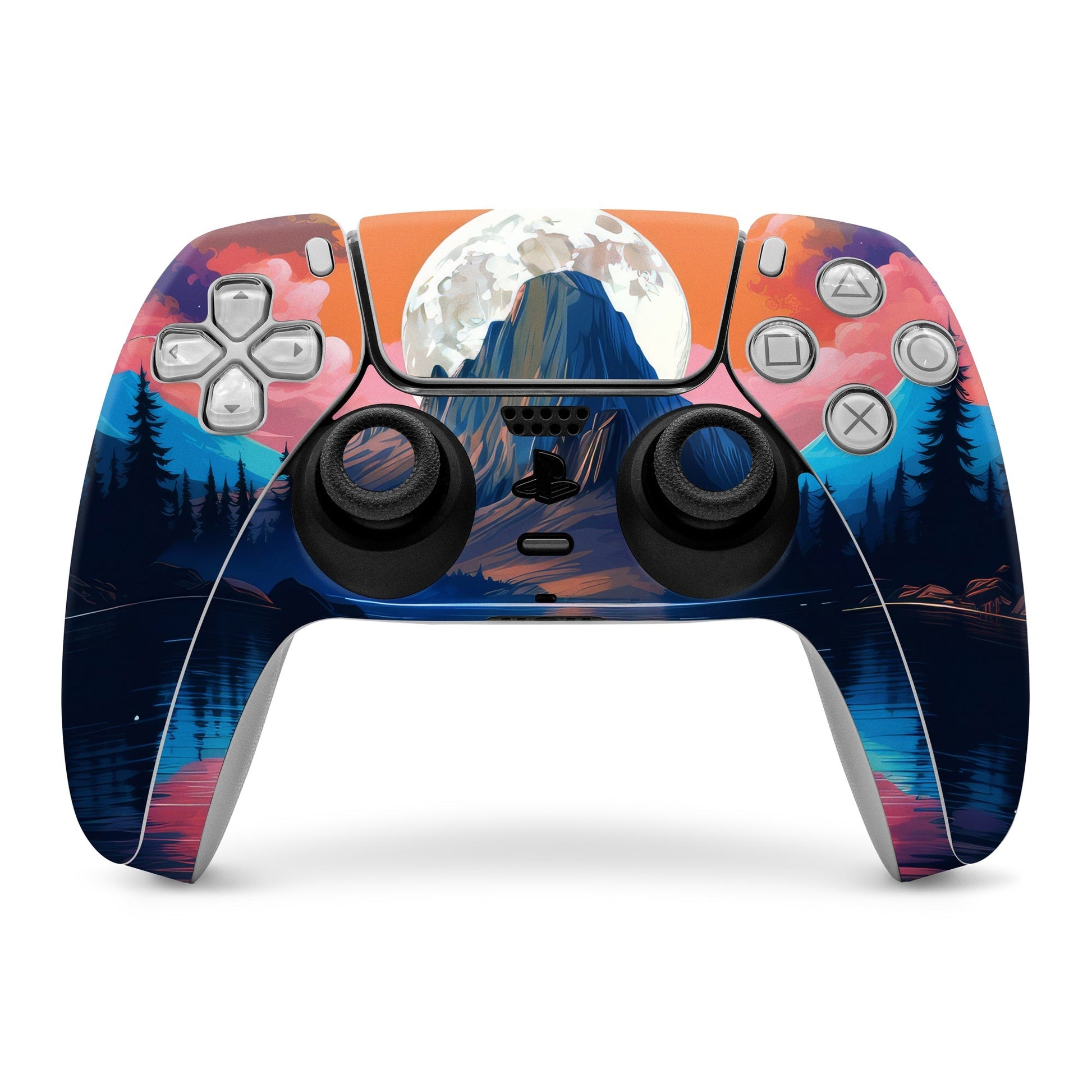 PS5 controller skin with mountain sunset and moon, pine forest, and colored button decals