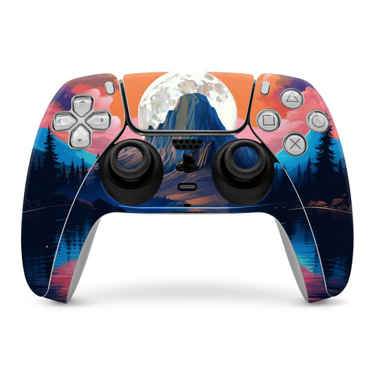 PS5 controller skin with mountain sunset and moon, pine forest, and colored button decals