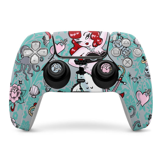 PS5 controller skin with teal cartoon mermaid pattern and flower accents