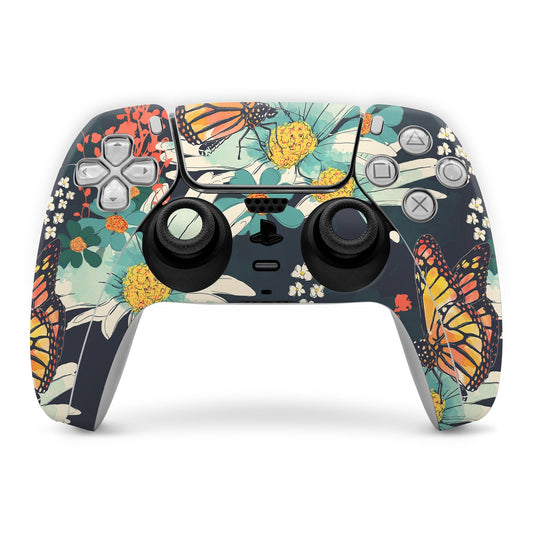 PS5 controller skin with colorful butterfly and floral print over buttons and grips.