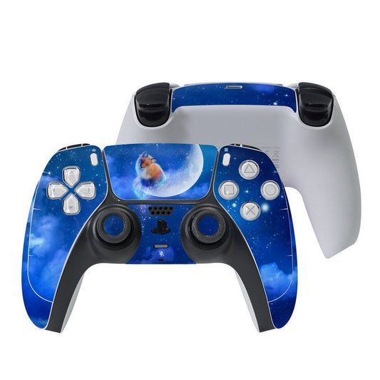 Blue gaming controller skin with moon-and-fox starry design, cutouts for buttons and sticks