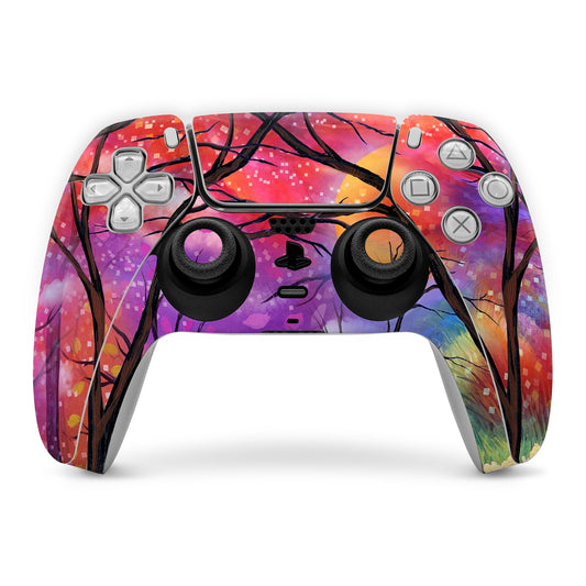 Colorful Sony PS5 controller skin decal with purple, orange, and black galaxy design