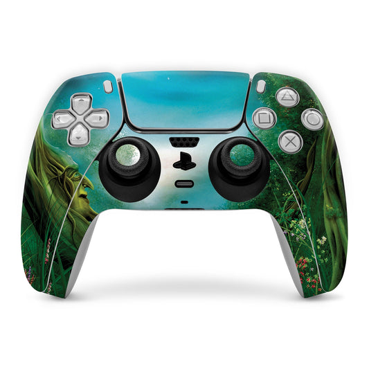PS5 controller skin with teal forest moon design over buttons and sticks