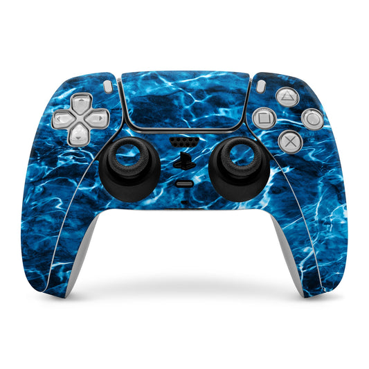 PS5 controller skin with blue water pattern and cutouts for buttons