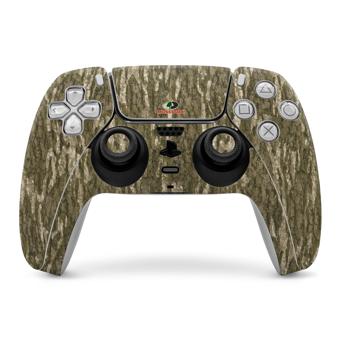 Mossy Oak Bottomland PS5 controller skin with camouflage pattern and button cutouts