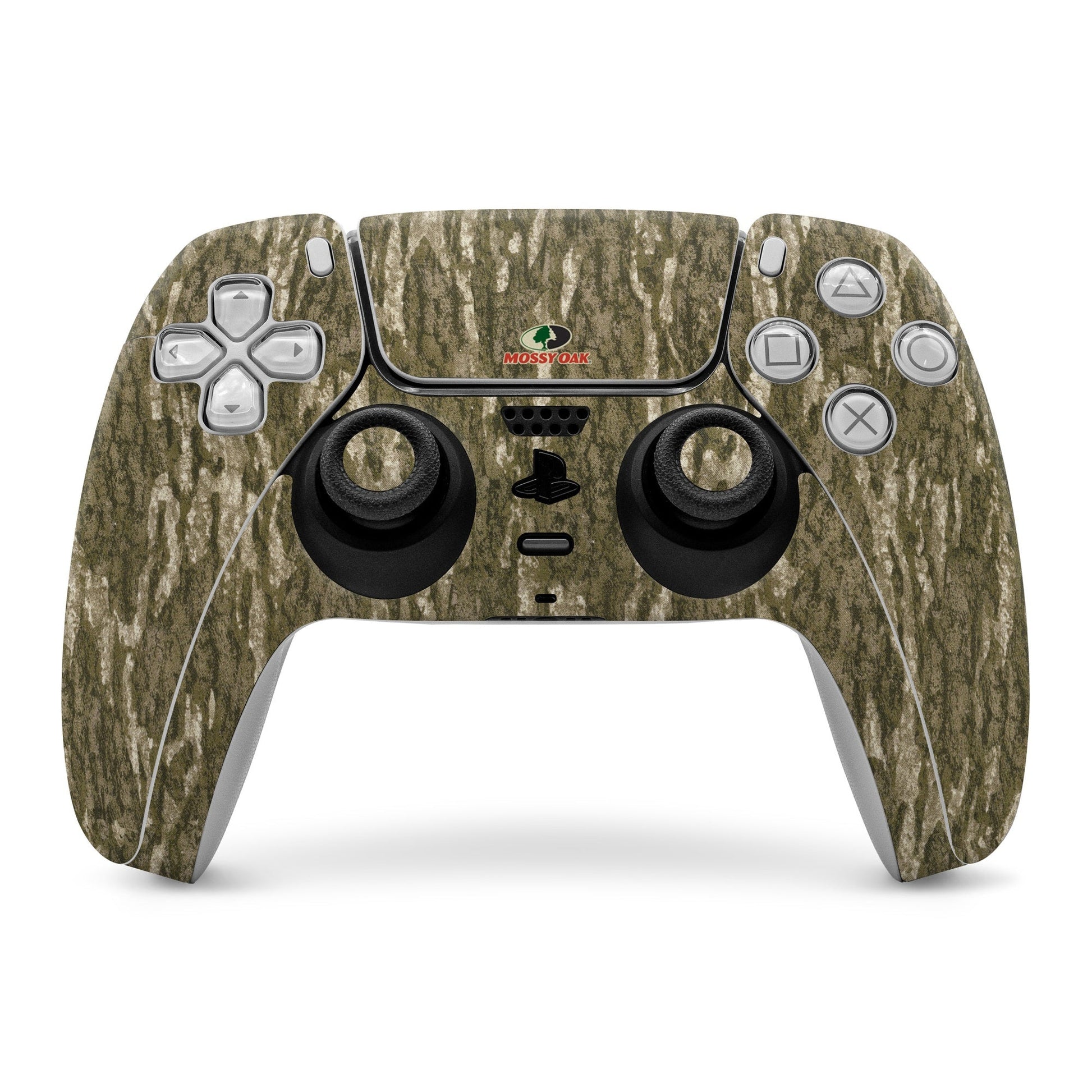 Mossy Oak Bottomland PS5 controller skin with camouflage pattern and button cutouts