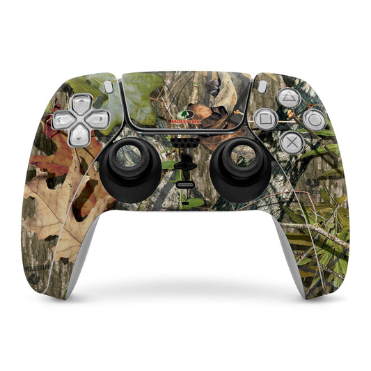 PS5 controller skin with Mossy Oak camouflage design and colored button cutouts