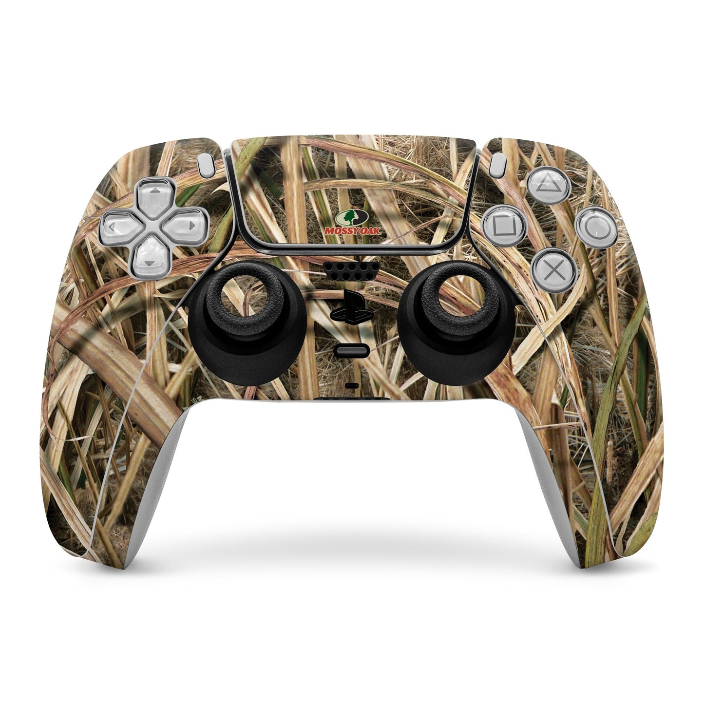 PS5 controller skin with mossy grass camouflage wrap and button cutouts.