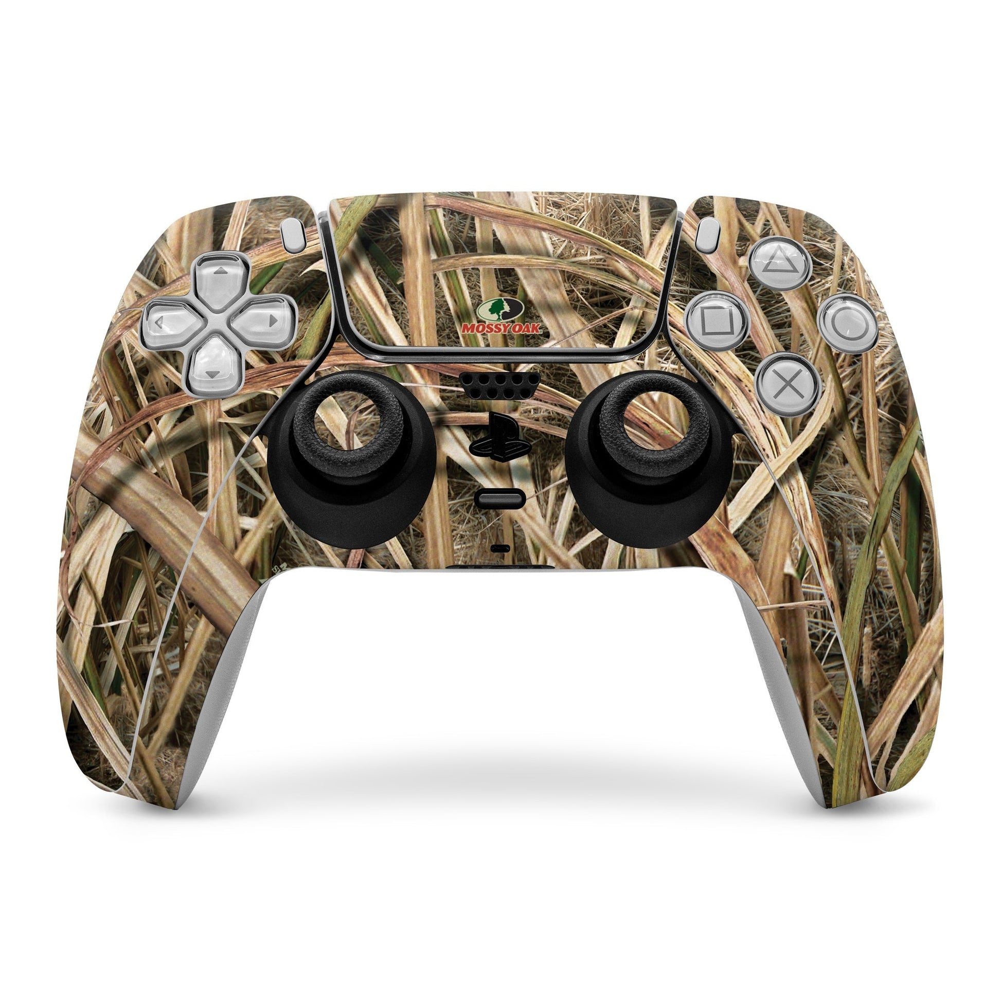 PS5 controller skin with mossy grass camouflage wrap and button cutouts.