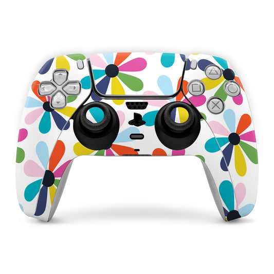 PS5 controller skin with colorful petal and dot pattern, cutouts for buttons and sticks