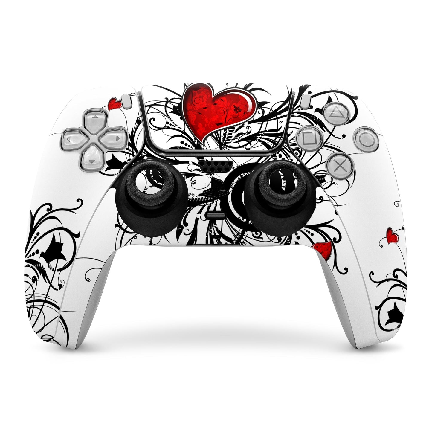 PlayStation 5 controller skin with black-and-white graphics and a red heart center