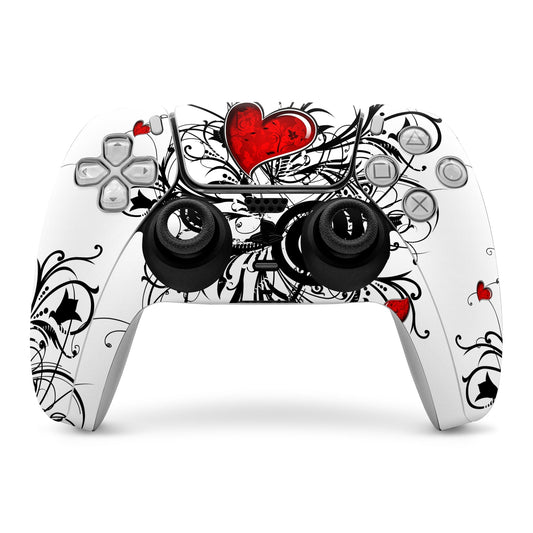 PlayStation 5 controller skin with black-and-white graphics and a red heart center