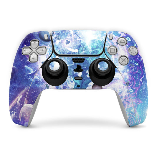 PlayStation 5 controller skin with purple-blue galaxy art and button cutouts