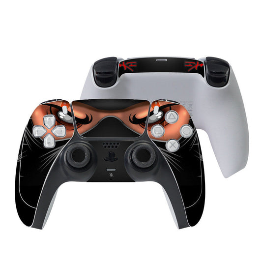 PS5 controller skin with black and orange ninja-style face and red details
