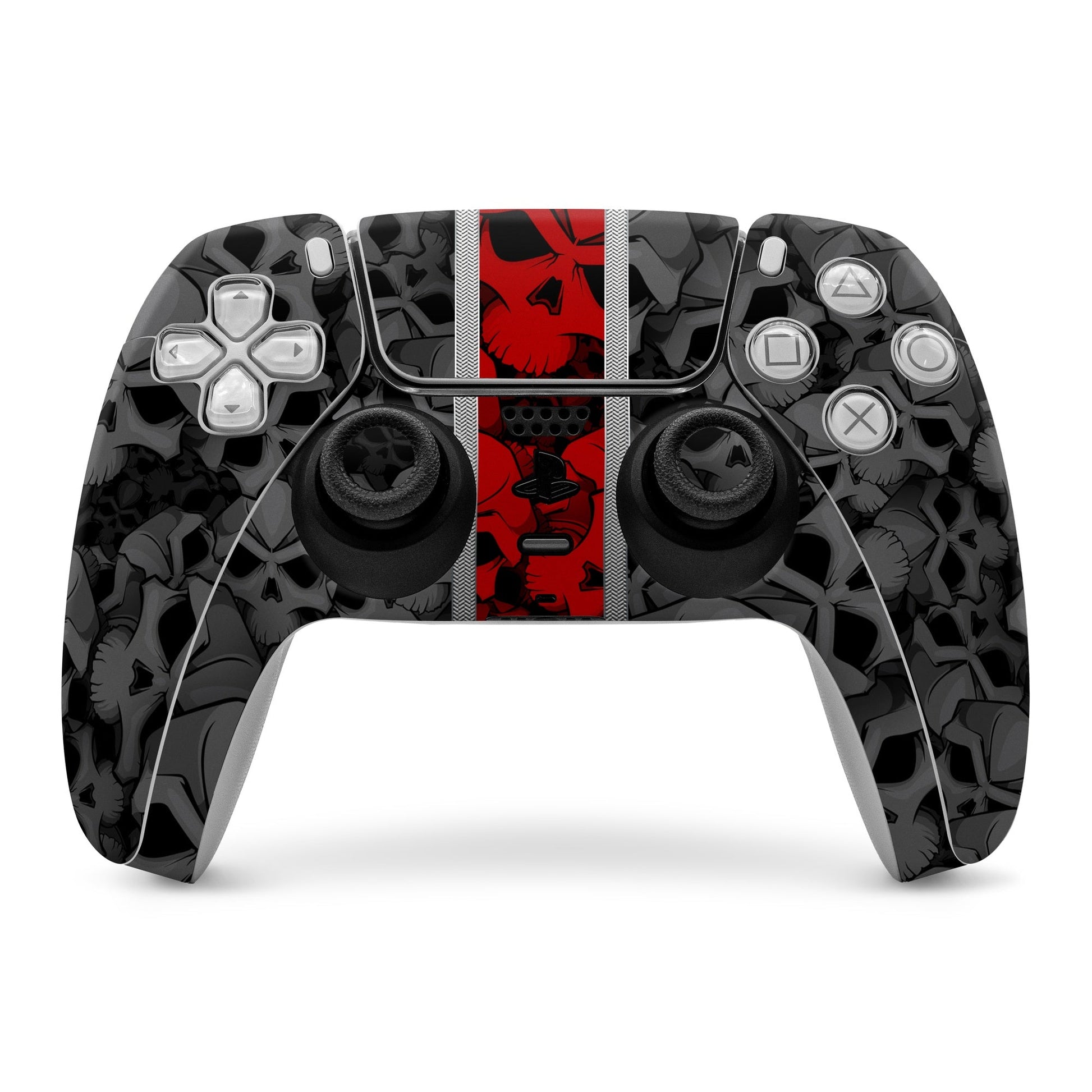 PlayStation 5 controller skin with black and red graphic center stripe