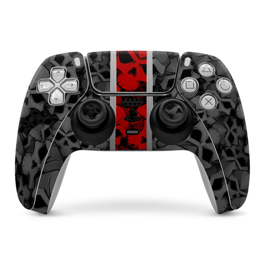 PlayStation 5 controller skin with black and red graphic center stripe