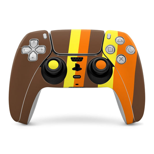 Game controller skin for Sony PS5, brown and orange with yellow stripe and button decals