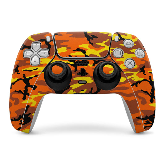 PS5 controller skin with orange camo pattern, cutouts for buttons and thumbsticks