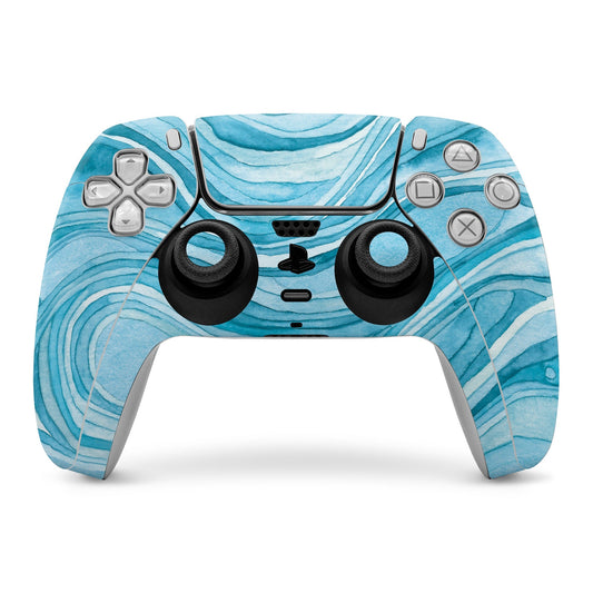 Ocean blue PS5 controller skin with swirl design and cutouts for buttons and sticks