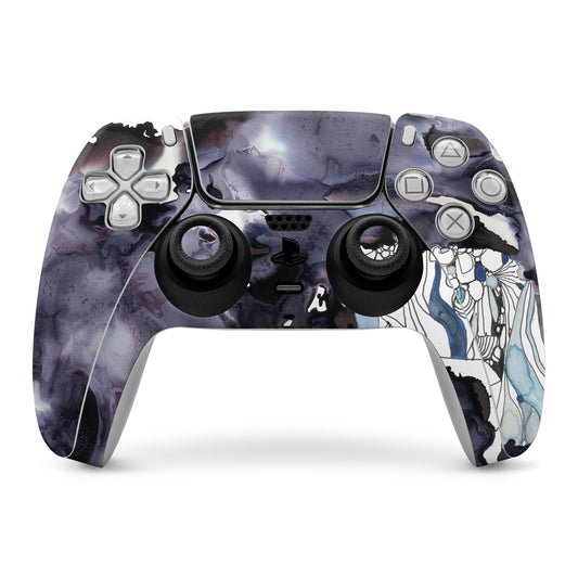 PS5 controller skin with purple marble and blue skeleton artwork