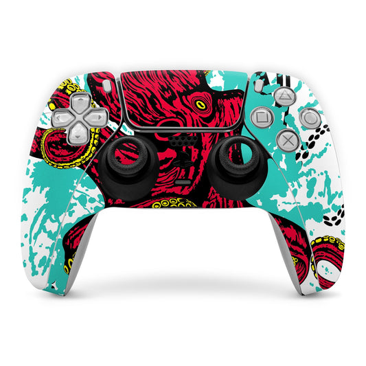PS5 controller skin, teal and red graphic covering buttons and grips