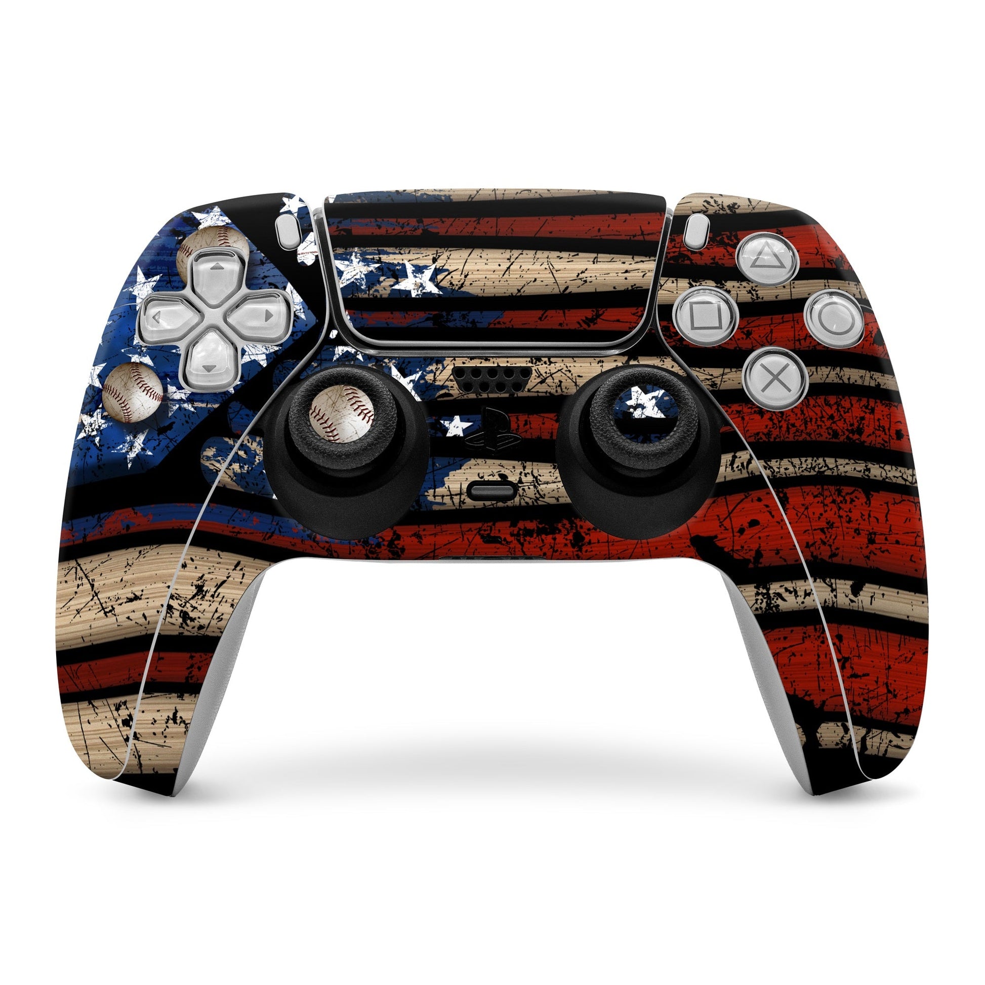 PlayStation 5 controller skin with grunge American flag stripes and stars, red and blue
