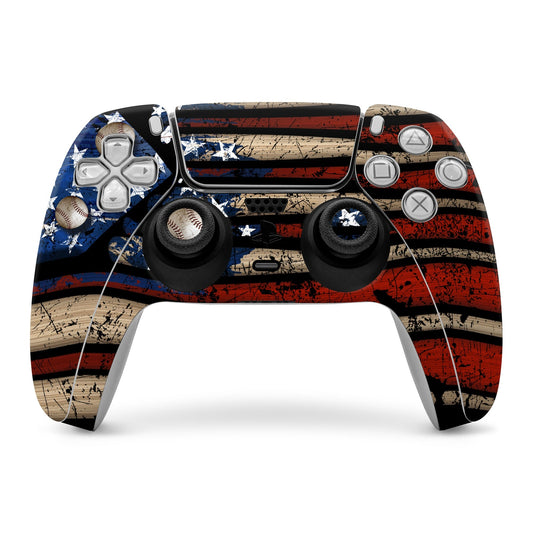 PlayStation 5 controller skin with grunge American flag stripes and stars, red and blue