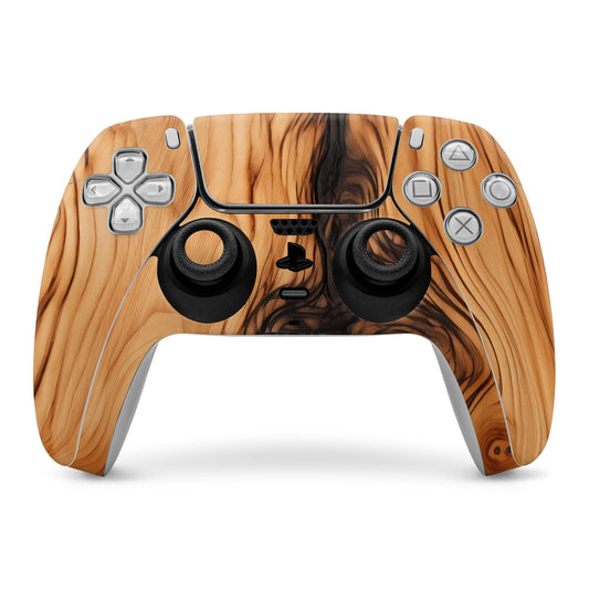 PS5 controller skin with warm wood-grain pattern and cutouts for buttons and touchpad