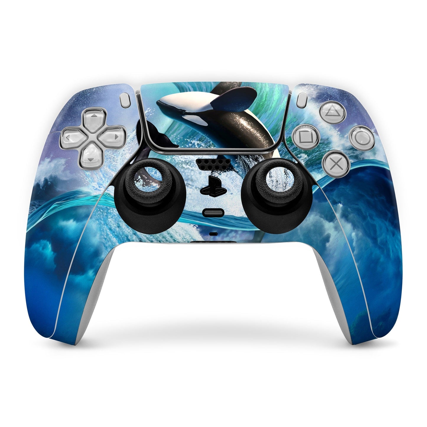 PS5 controller skin with blue wave and orca fin graphic, full front wrap
