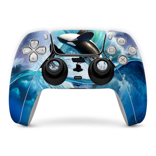 PS5 controller skin with blue wave and orca fin graphic, full front wrap