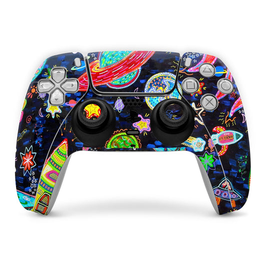 PS5 controller skin, dark blue neon space graphics with button and trigger cutouts