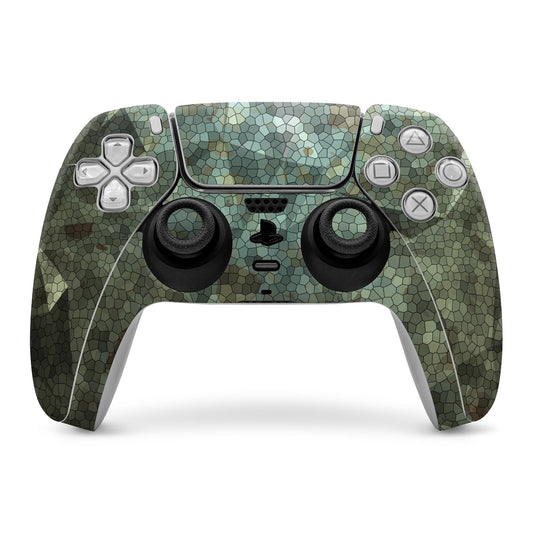 PS5 controller skin with green hex mosaic pattern, thumbsticks and action buttons cutouts