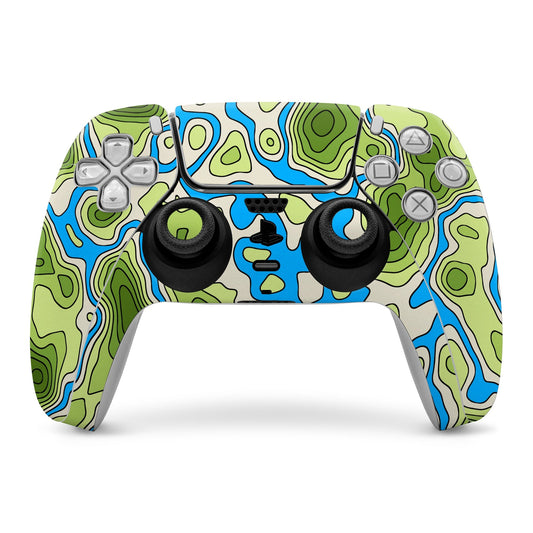 Overlander PS5 controller skin with green and blue wavy contour pattern