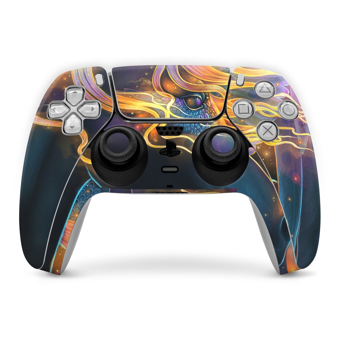 PlayStation 5 controller skin with colorful space and star artwork over buttons and sticks