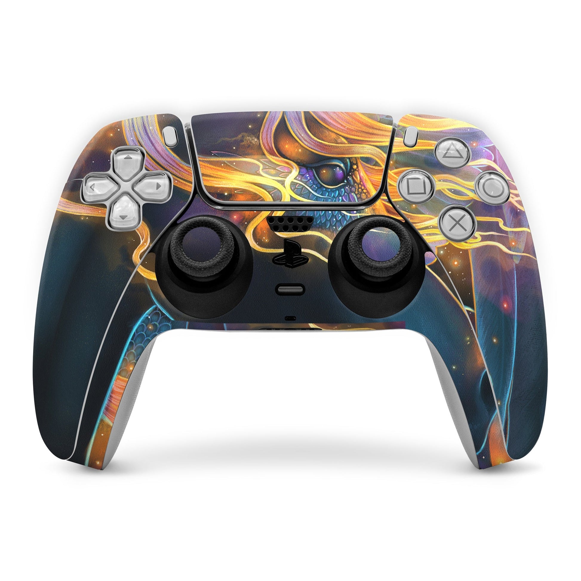 PlayStation 5 controller skin with colorful space and star artwork over buttons and sticks