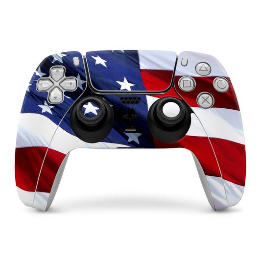 Patriotic PS5 controller skin with blue white stars and red white stripes