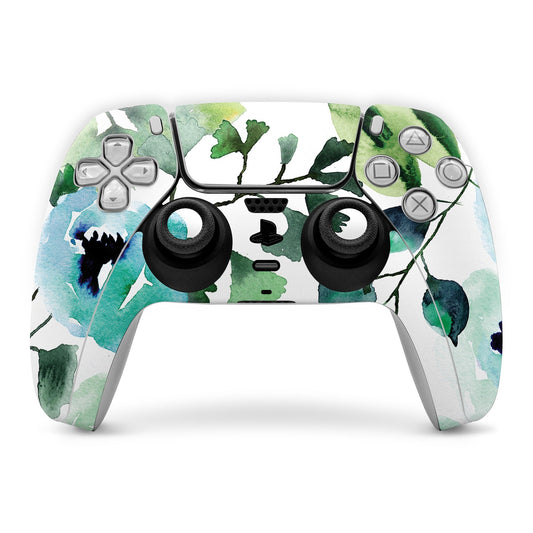 PS5 controller skin with watercolor peony leaves in green and blue on a white base