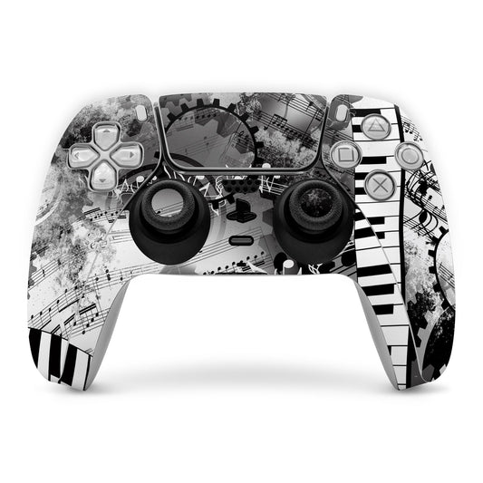 PS5 controller skin with black-and-white music notes, piano keys, and buttons