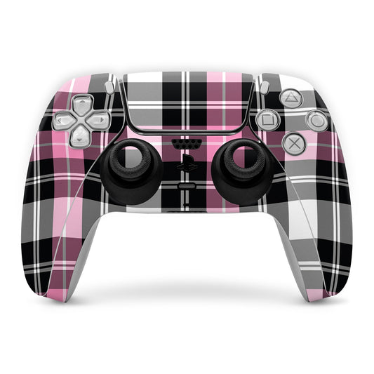 Pink plaid PS5 controller skin with cutouts for buttons and thumbsticks