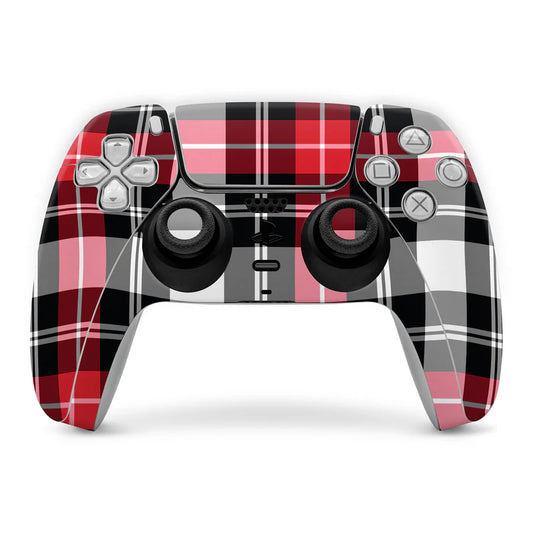 PlayStation 5 controller skin with red, black, and white plaid design