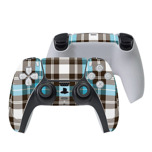 Turquoise plaid PS5 controller skin with cutouts for buttons and touchpad