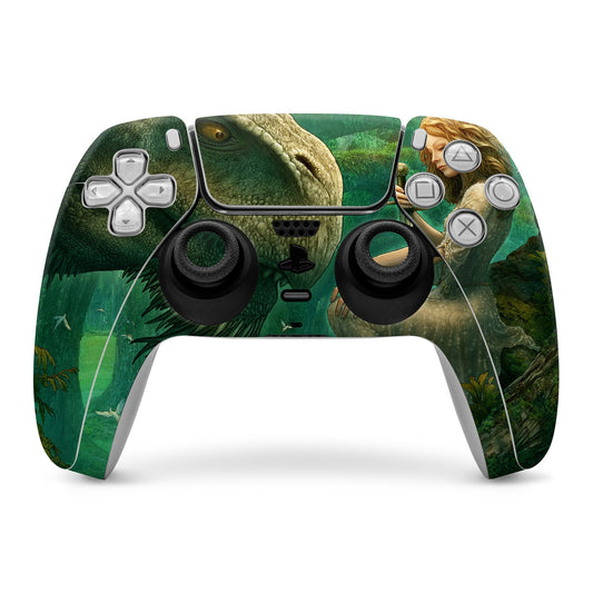 PS5 controller skin with green reptile artwork and jungle landscape